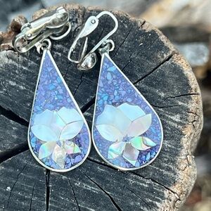 Vintage Alpaca Mexico Teardrop Clip-On Earrings – Abalone & MOP Floral Inlay